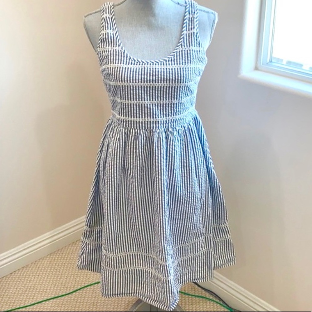 Old Navy Linen Blue Striped A Line Dress